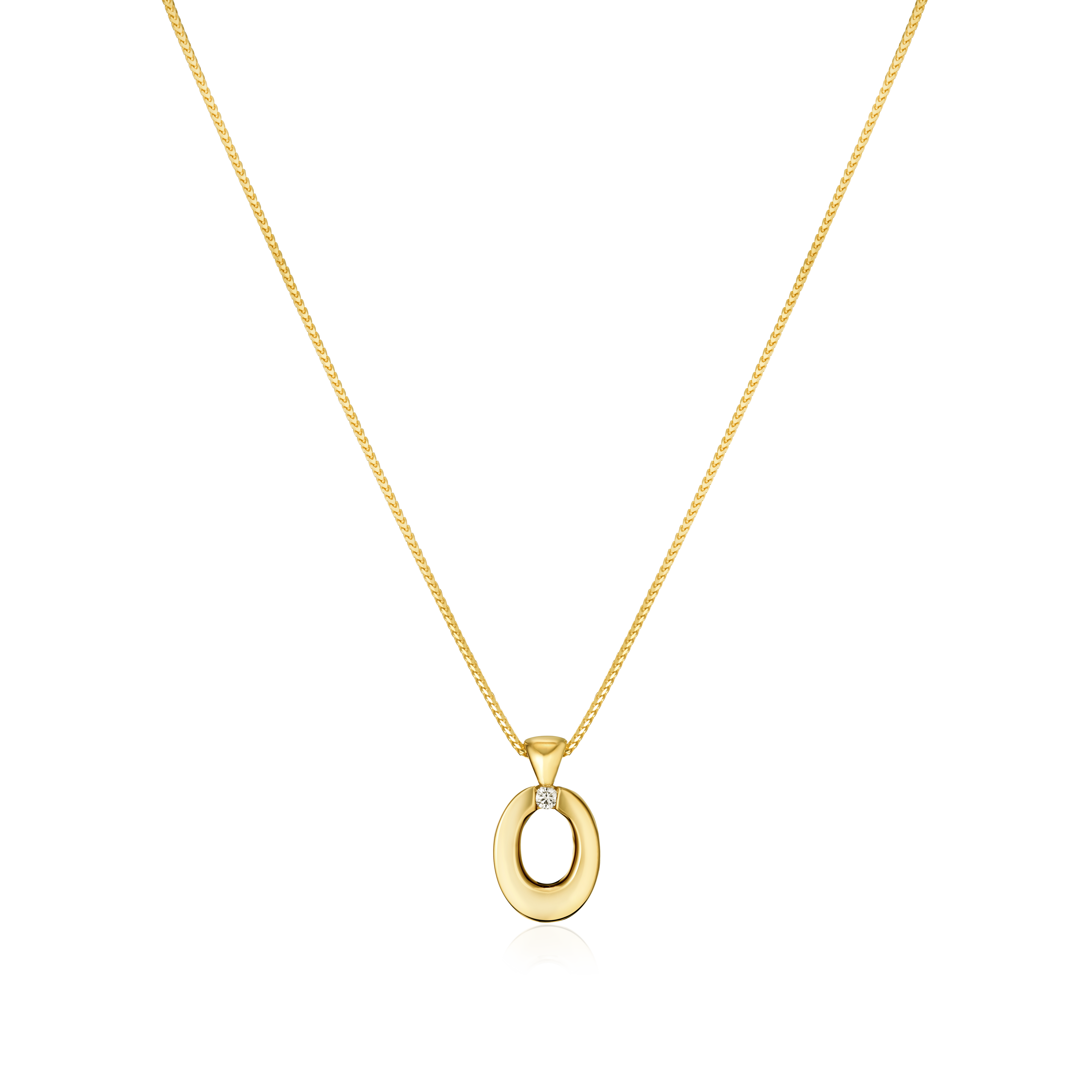 Gold necklace with a pendant on a white background