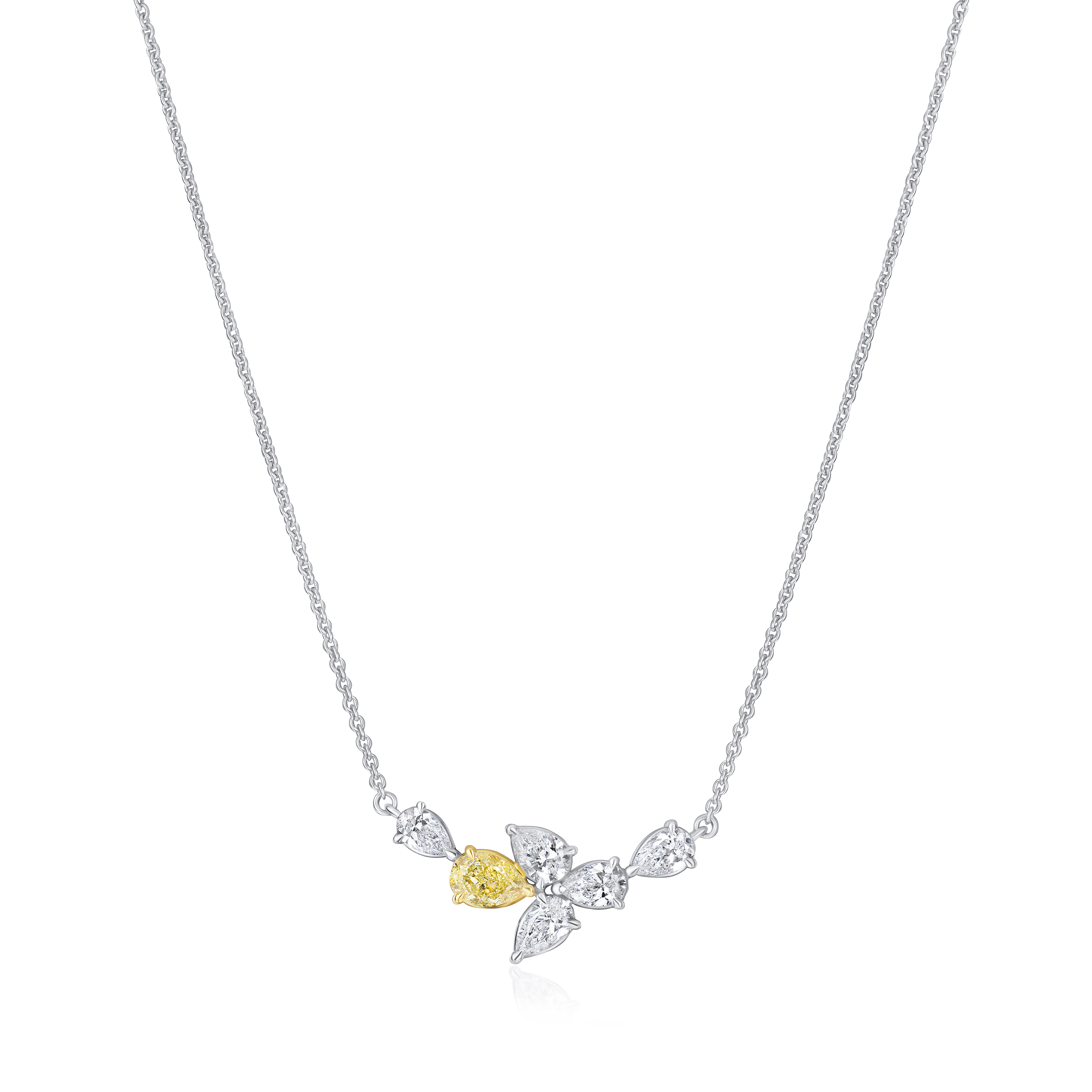 Butterfly-shaped necklace with a yellow center and silver accents on a white background