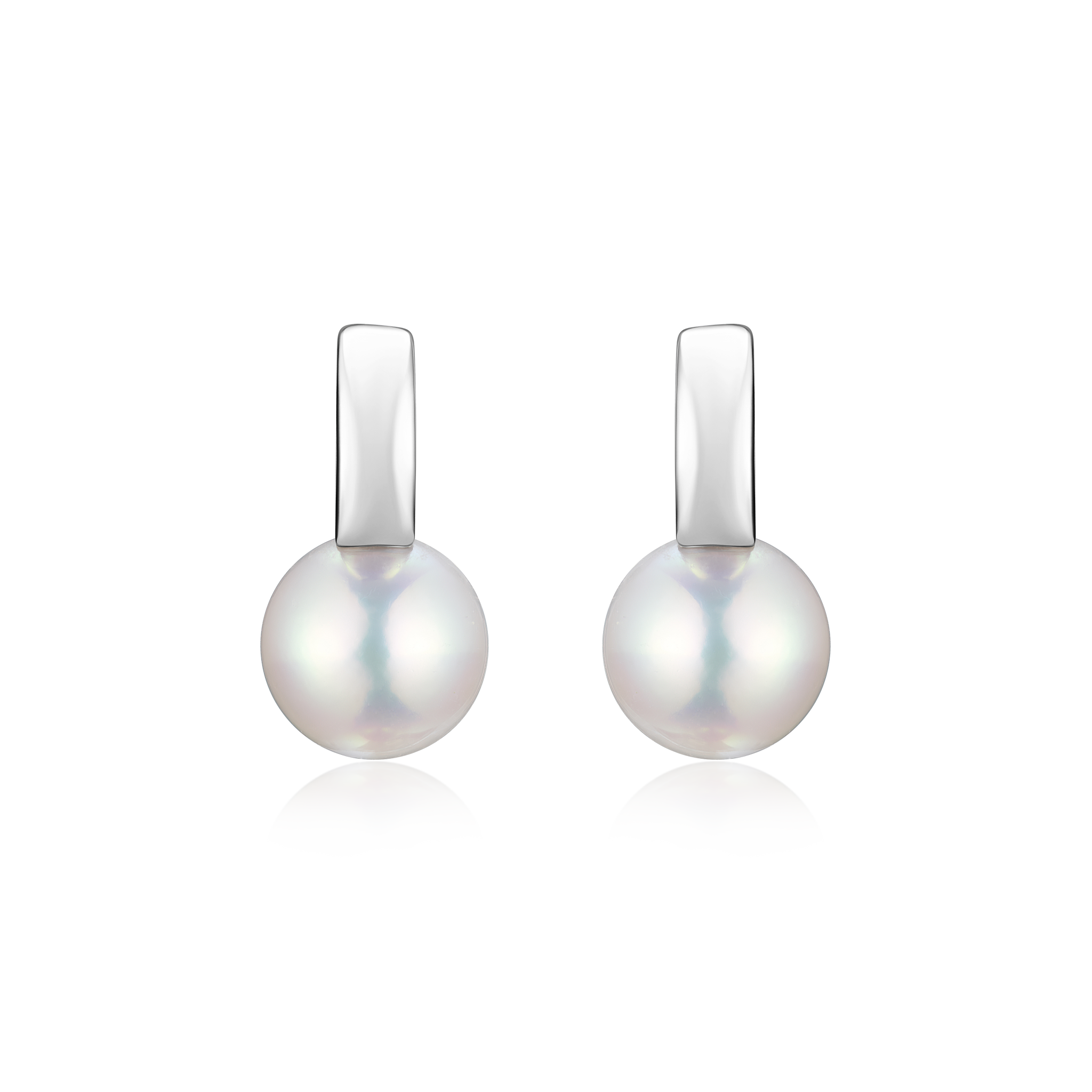 Pair of pearl earrings with silver posts on a white background