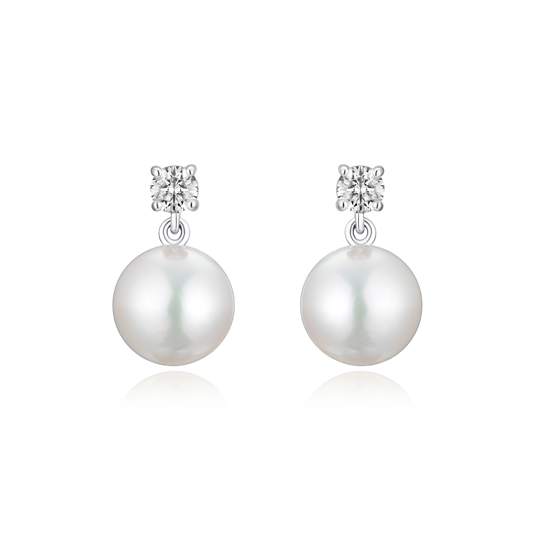 Pearl earrings with diamond-like stones on a white background