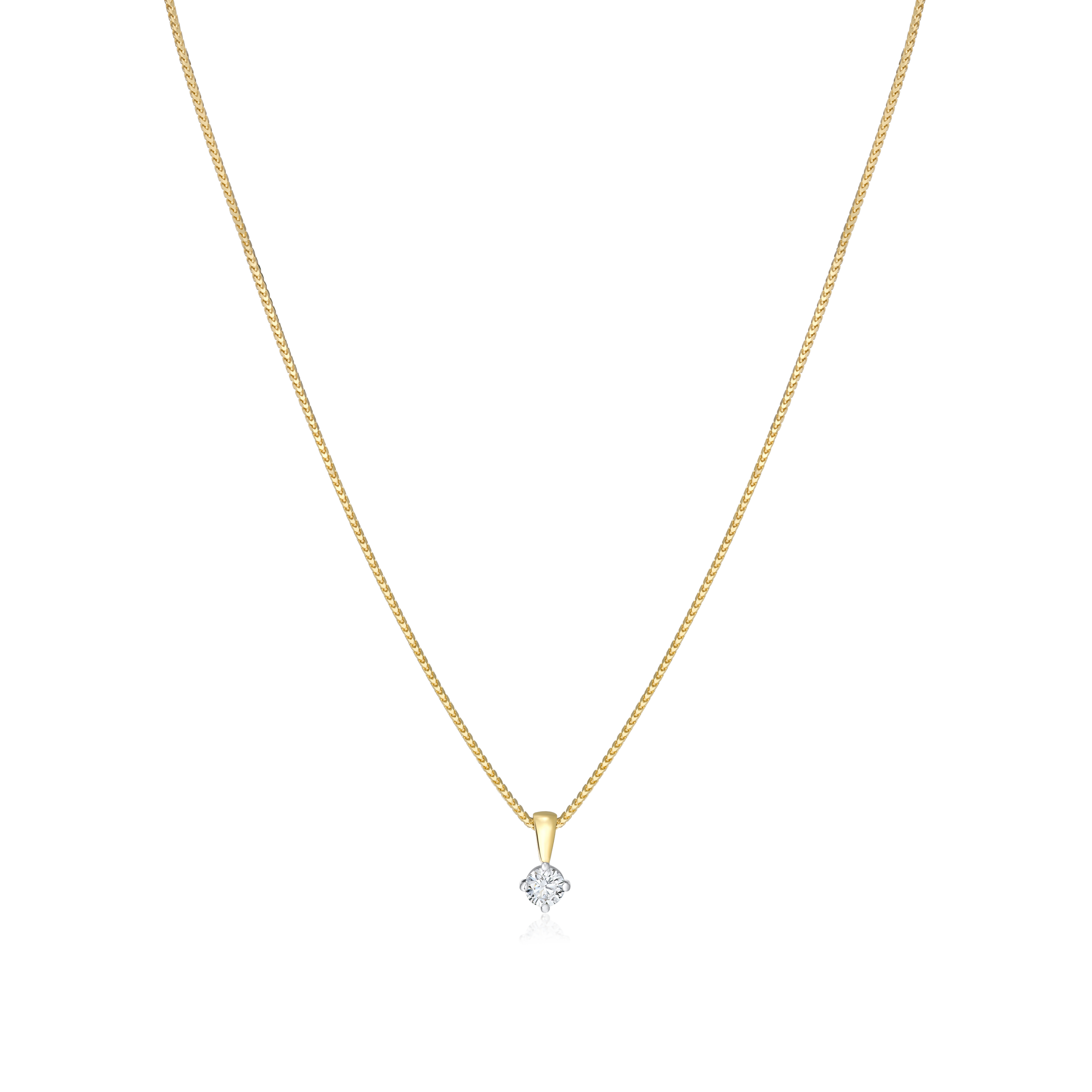 Gold necklace with a diamond pendant on a white background