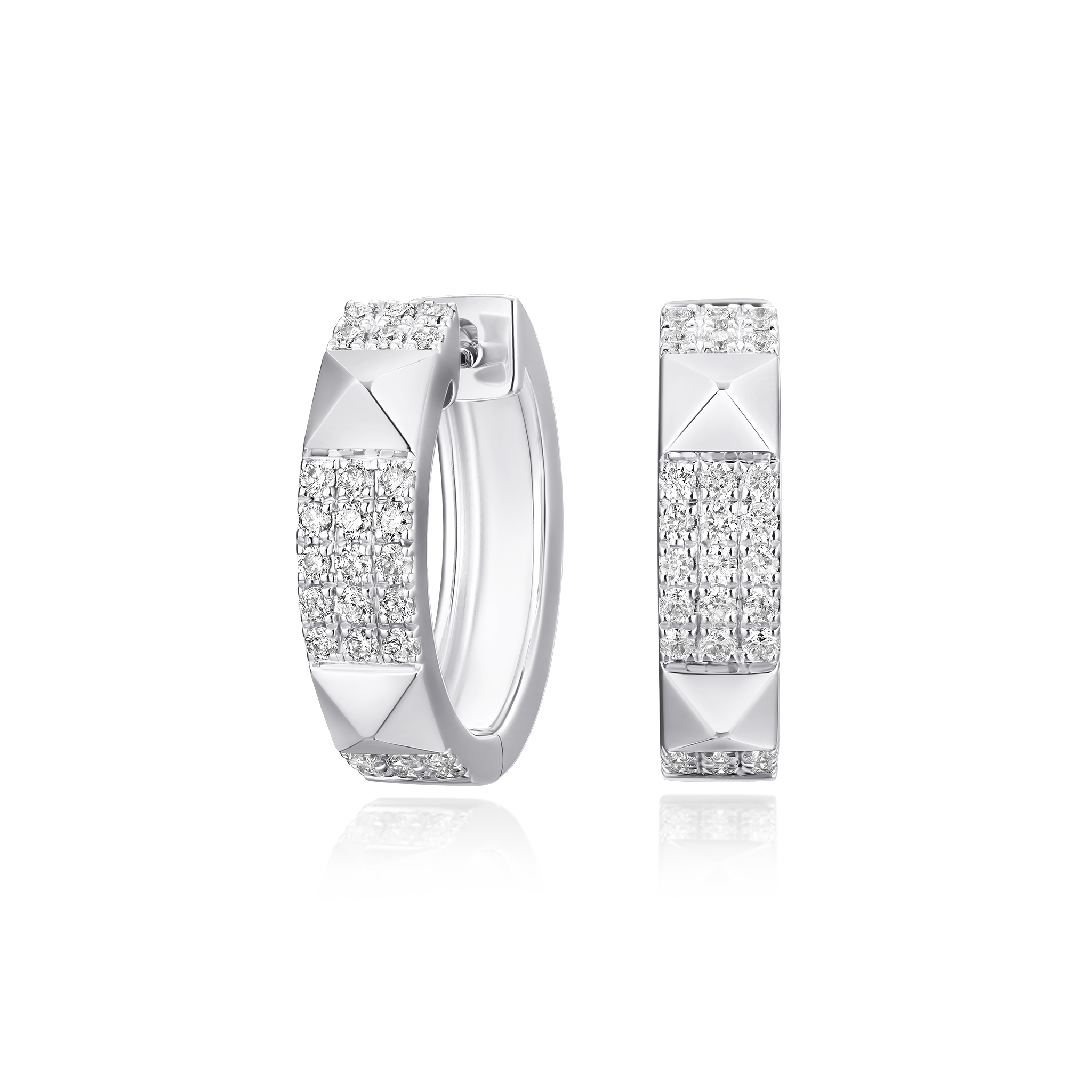 Silver hoop earrings with embedded stones on a white background