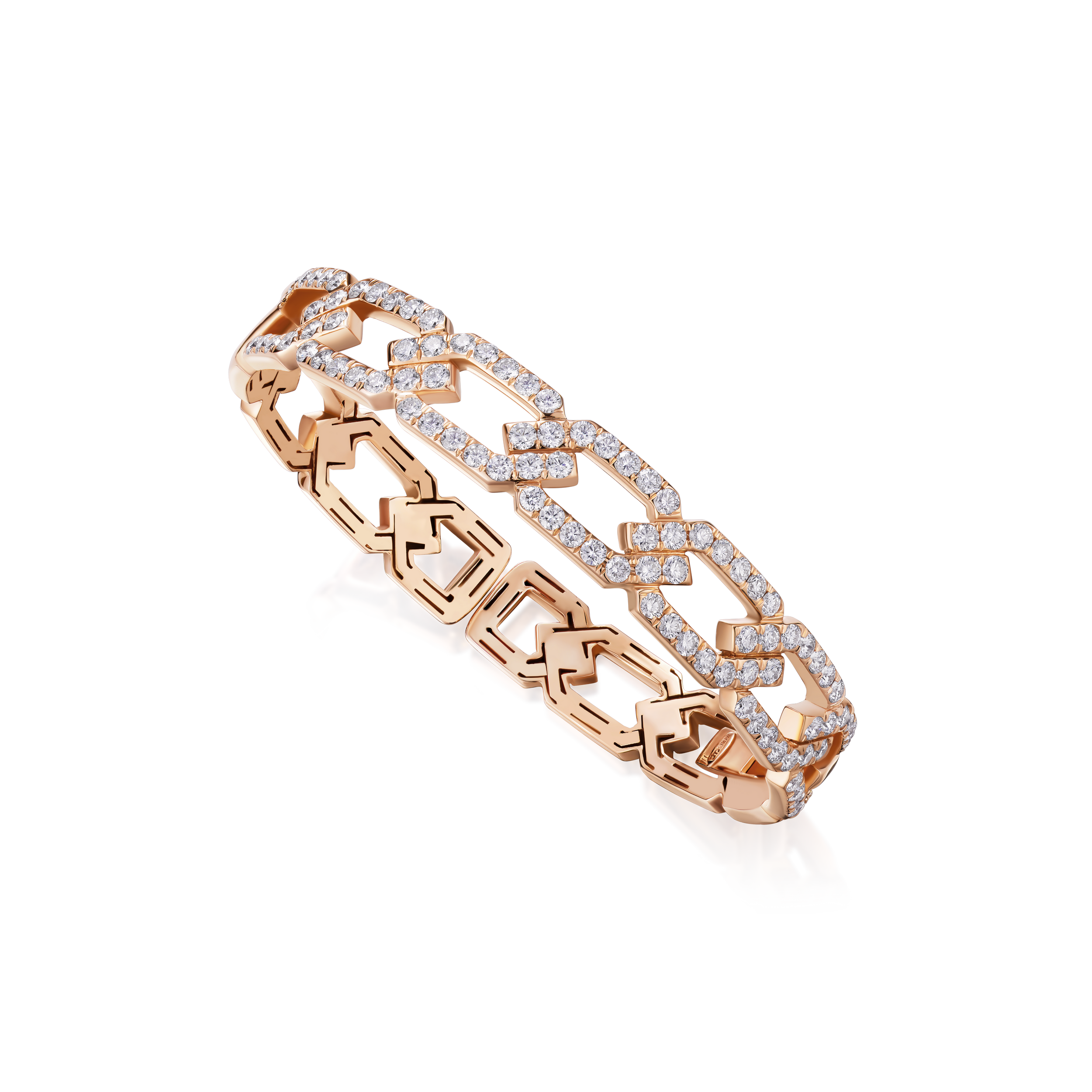 Rose gold bracelet with diamond accents on a white background