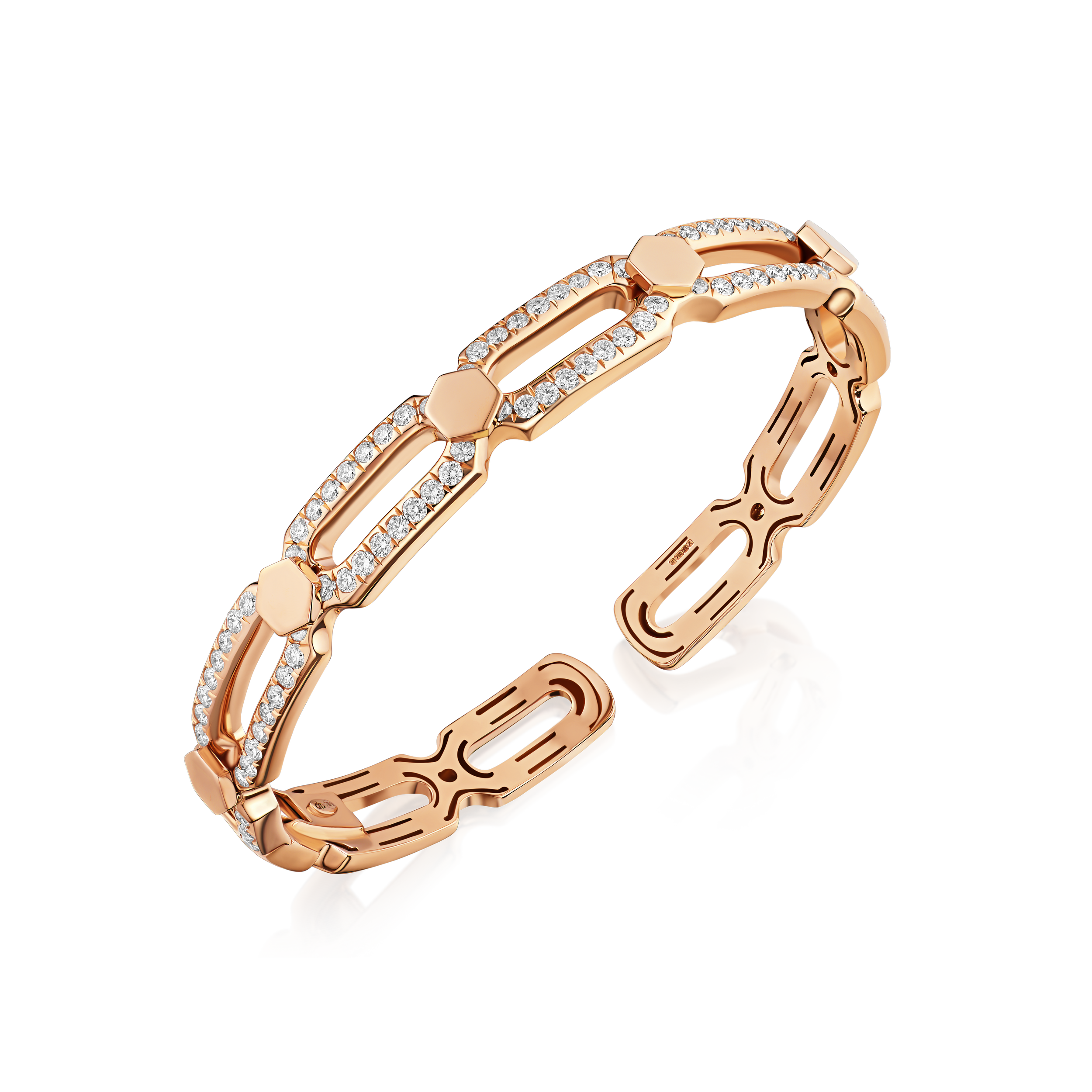 Rose gold bracelet with diamond accents on a white background