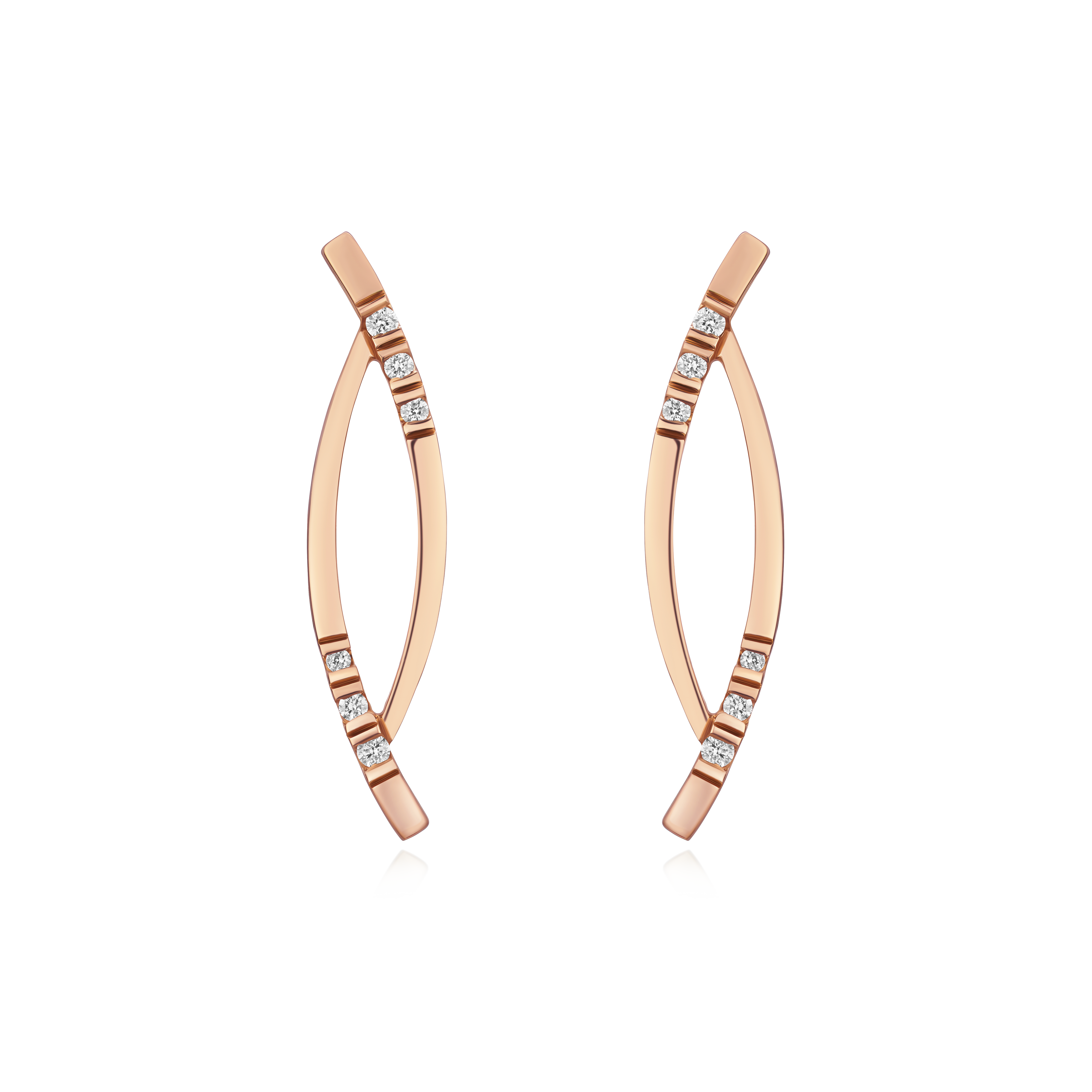 Rose gold earrings with diamond accents on a white background