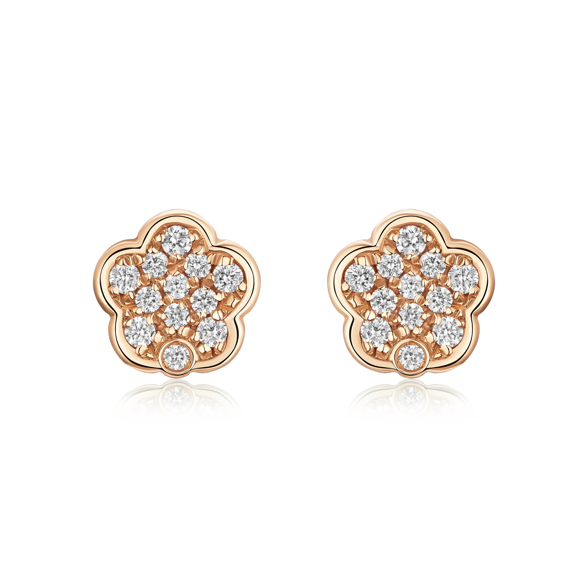 Rose gold earrings with diamond accents on a white background