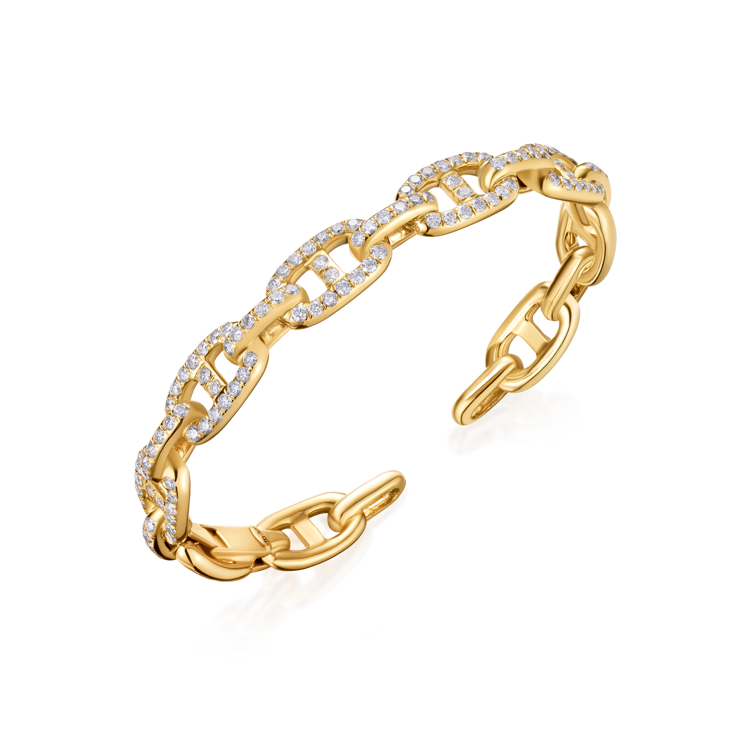 Gold chain bracelet with diamond accents on a white background