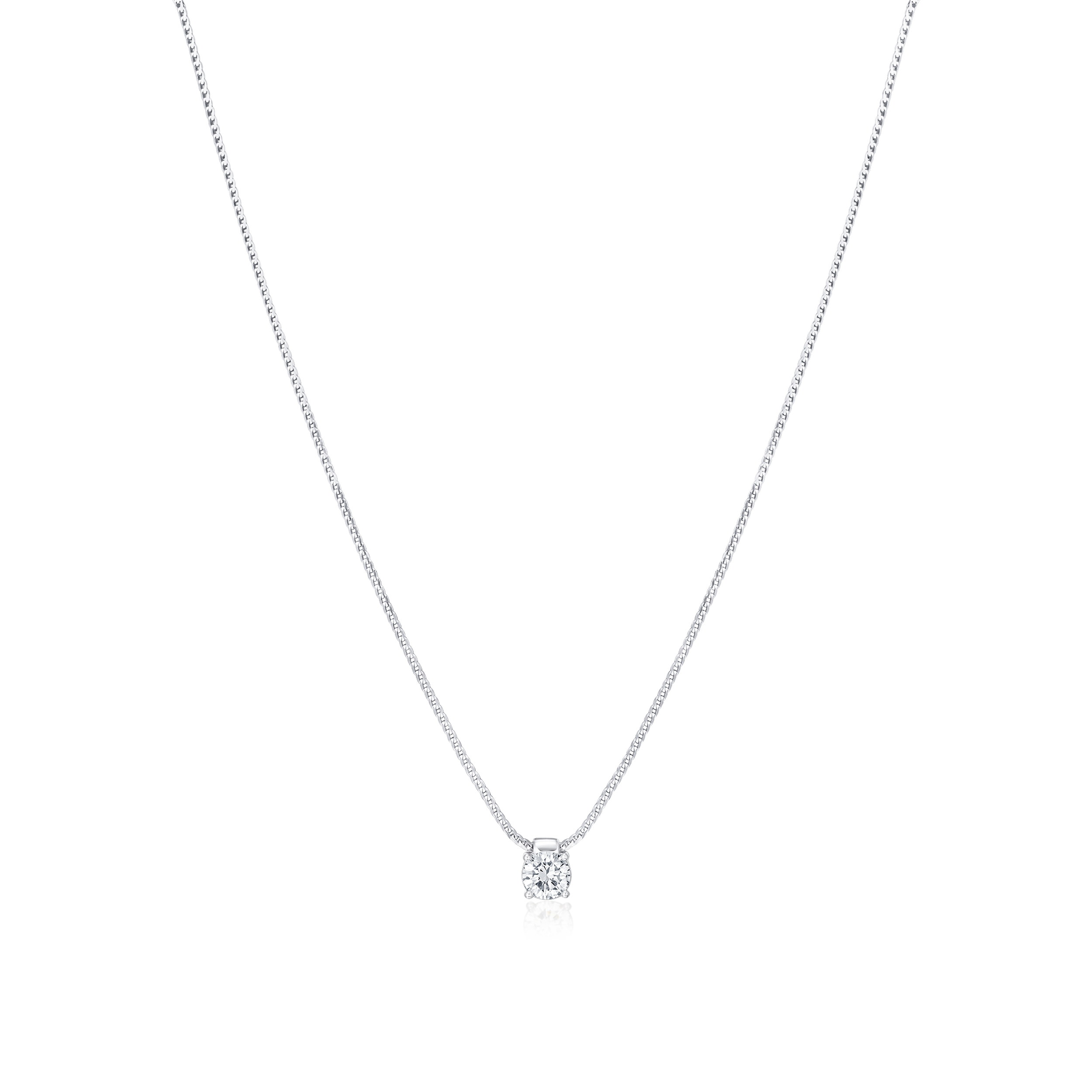 Silver necklace with a small round pendant on a white background