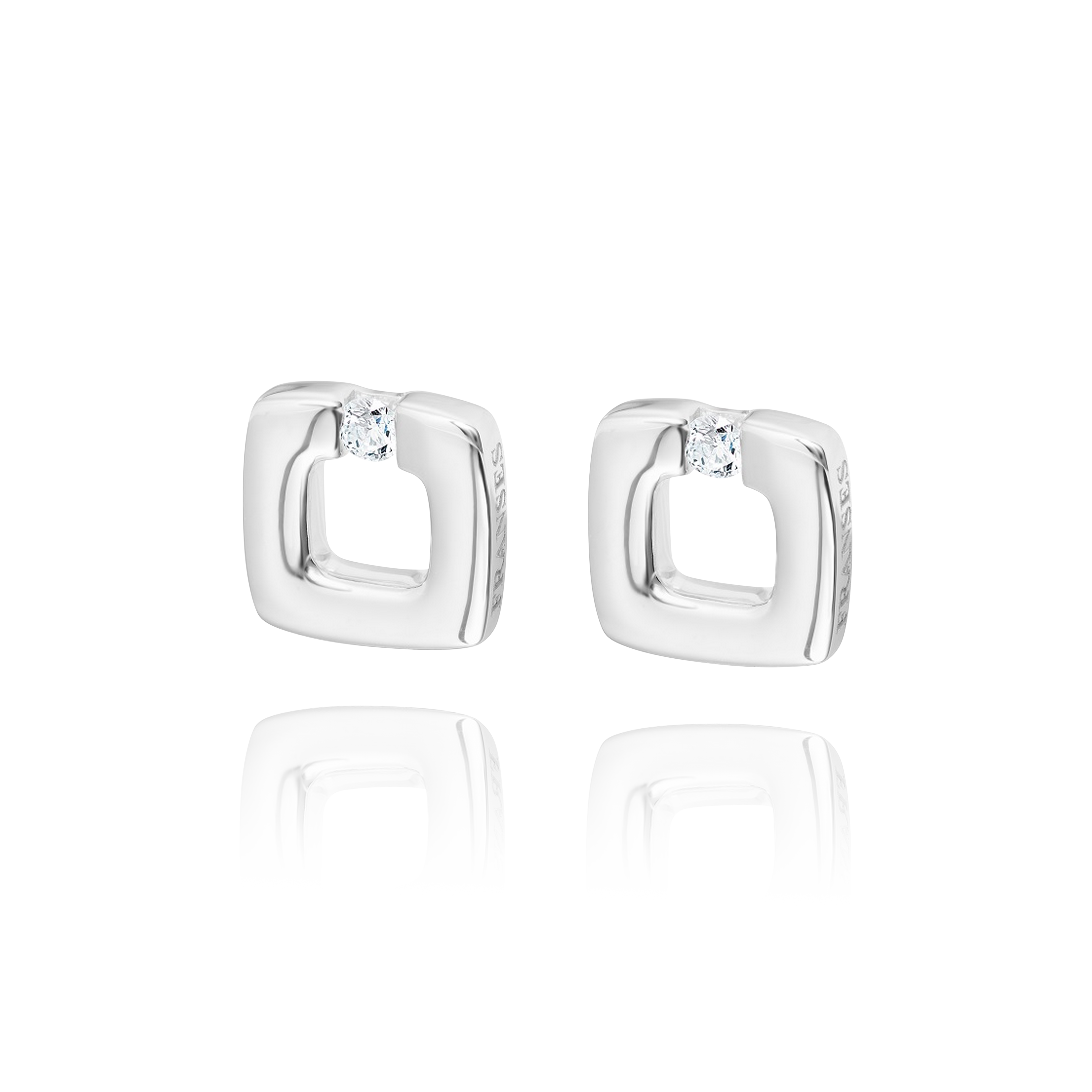 Pair of silver square earrings with clear gemstones on a white background