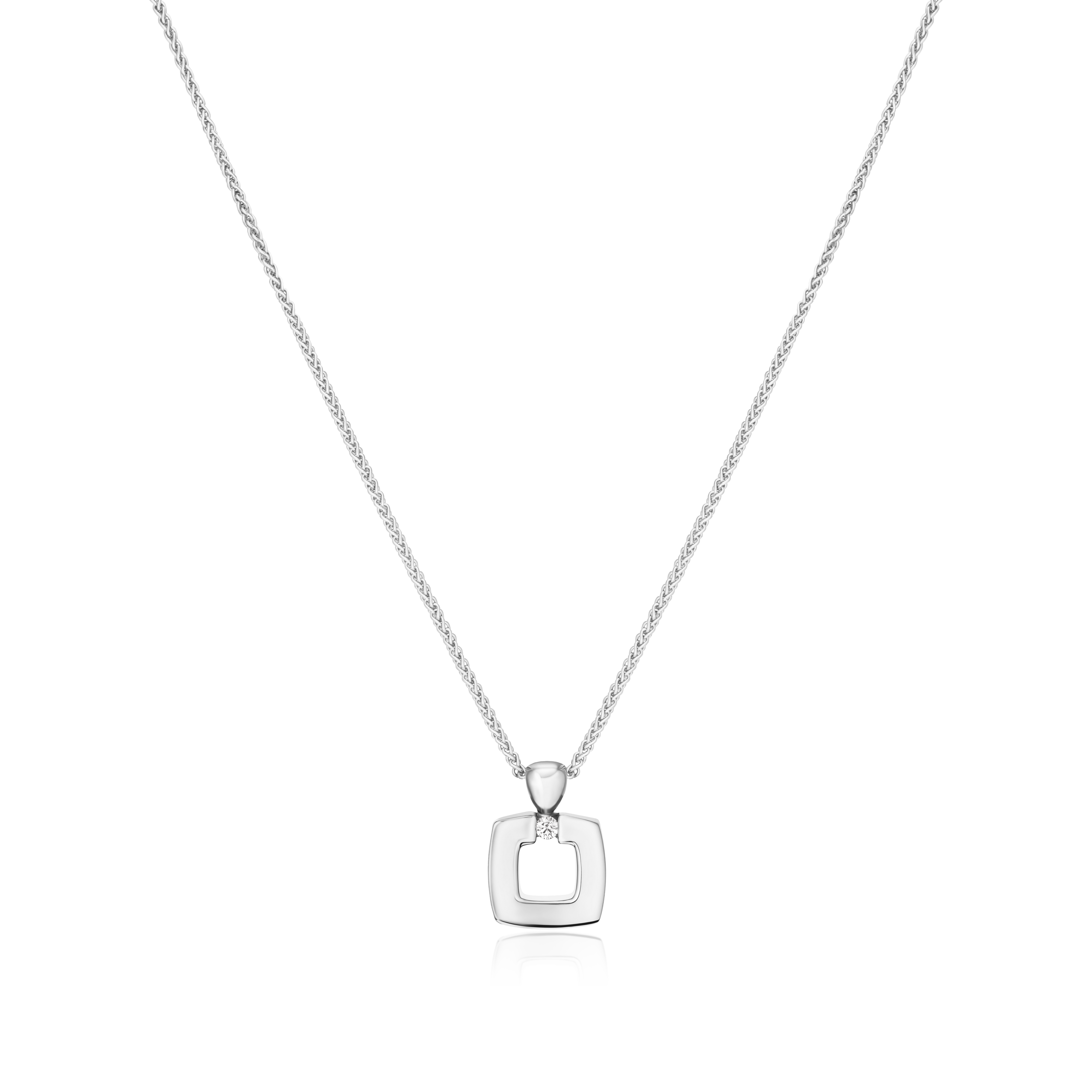 Silver necklace with a square pendant on a white background