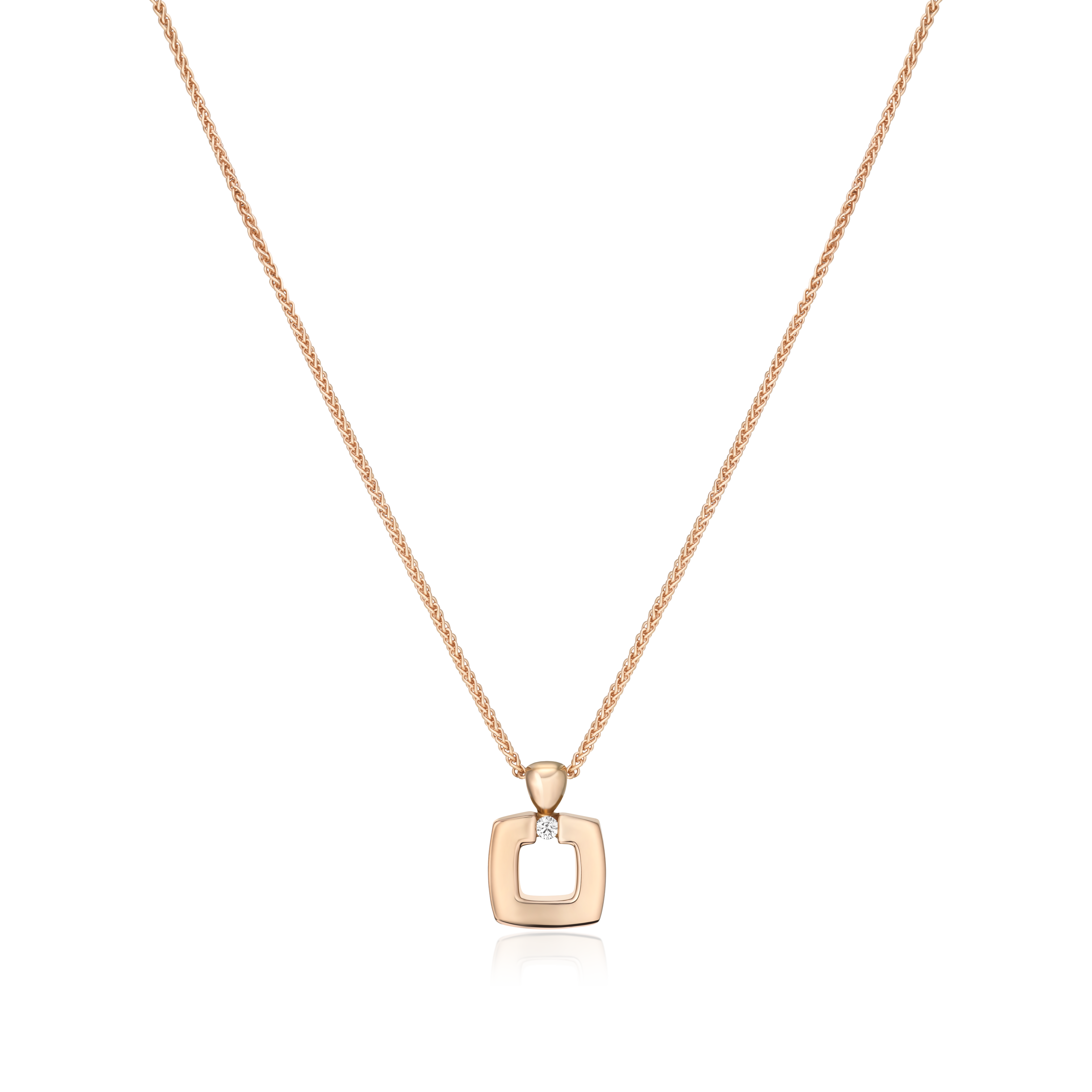 Rose gold necklace with a square pendant on a white background