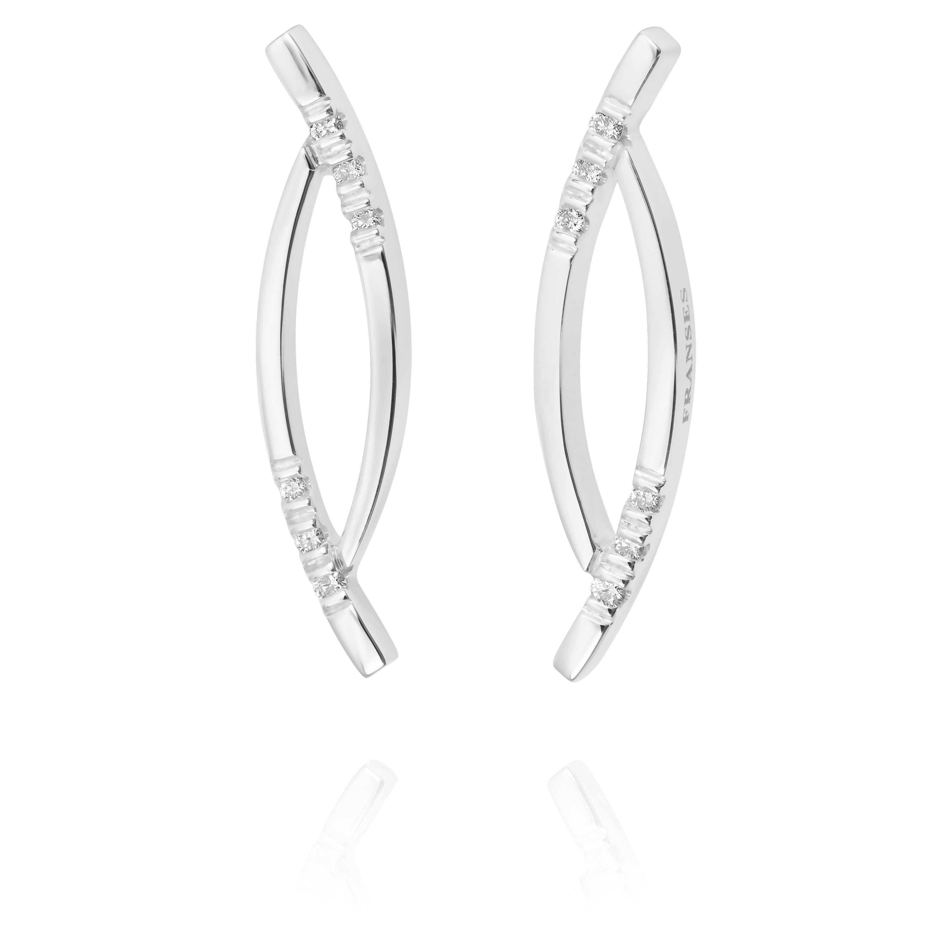 Pair of silver earrings with clear stones on a white background