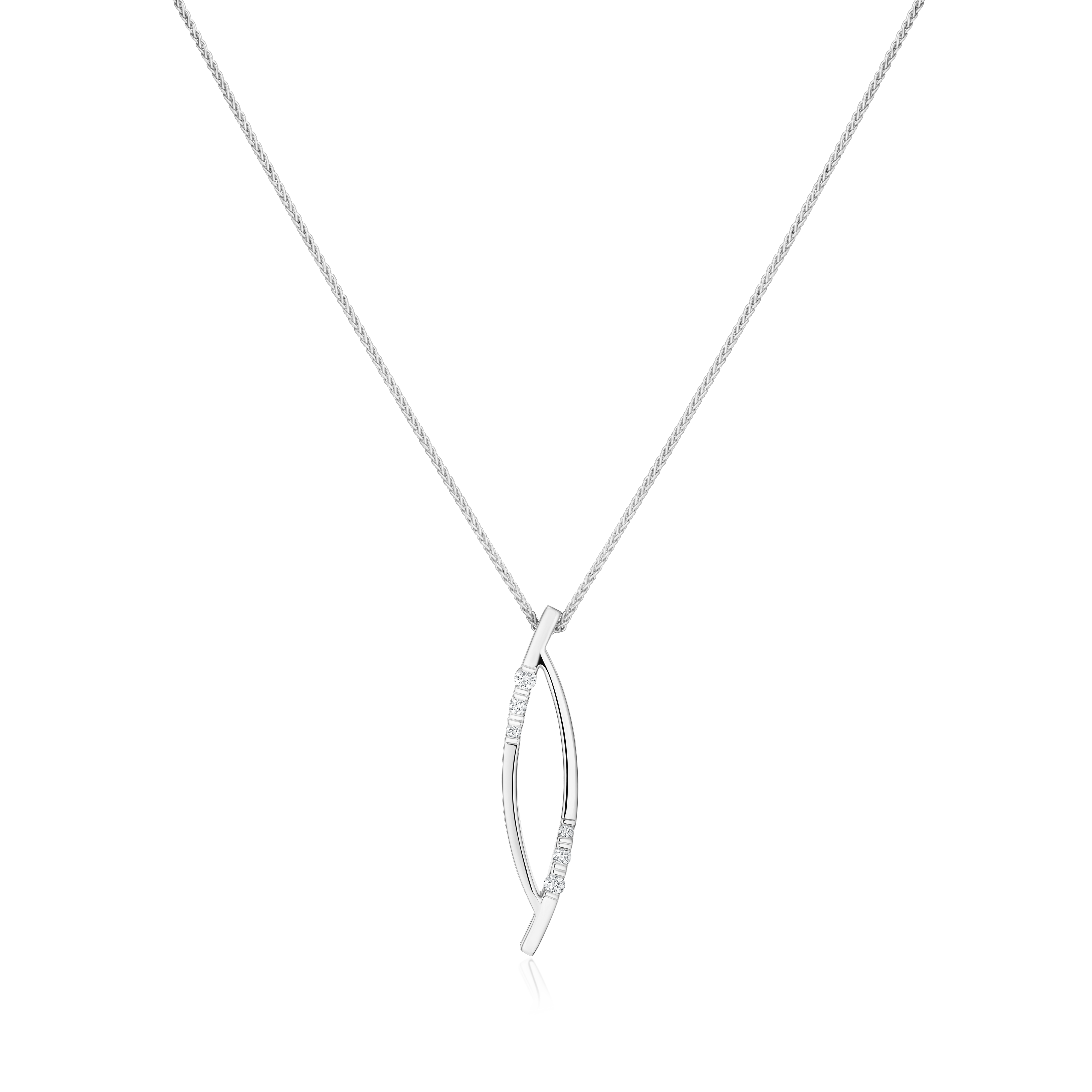 Silver necklace with a curved pendant on a white background