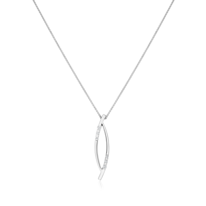 Silver necklace with a curved pendant on a white background