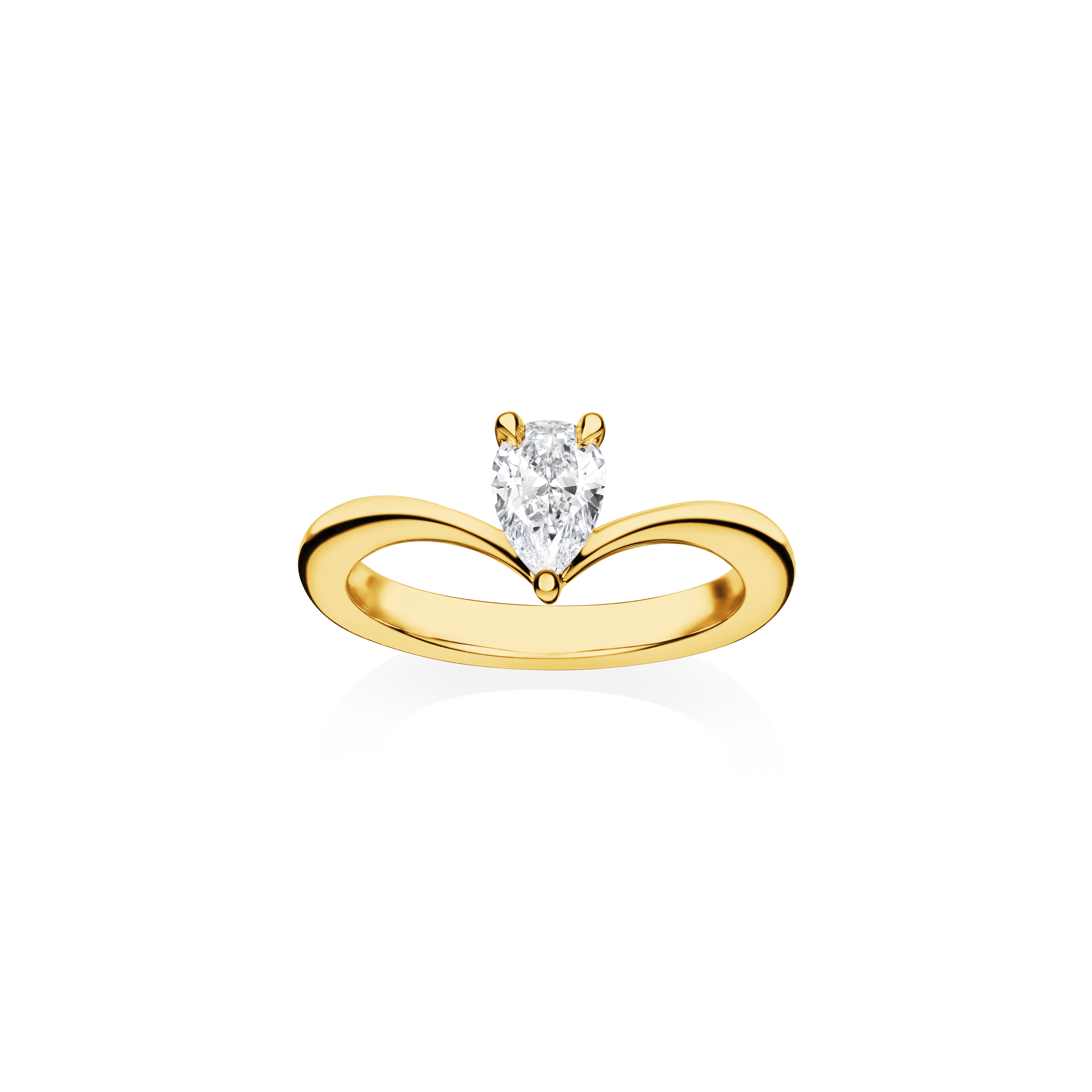 Gold ring with a clear gemstone on a white background