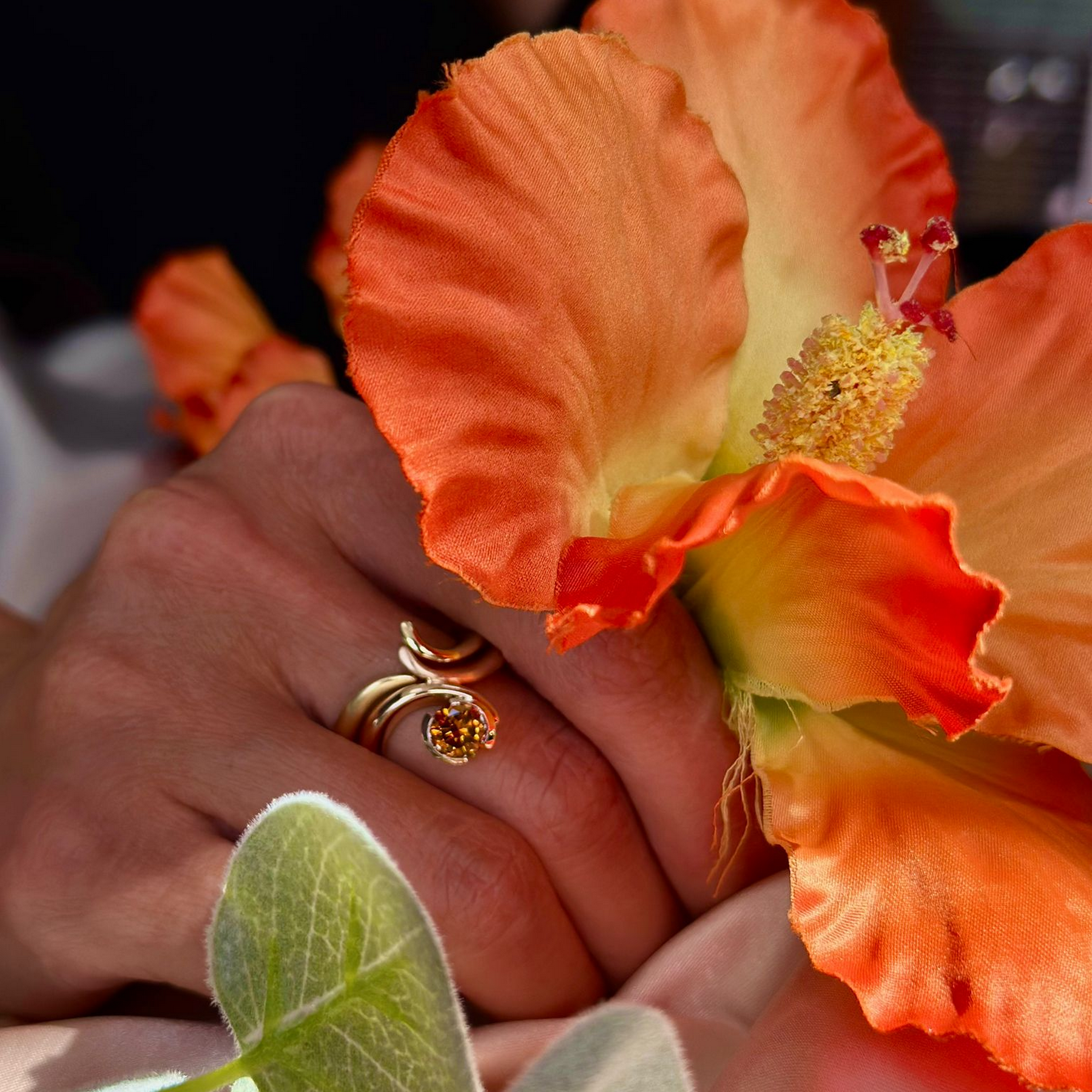 Close-up of a hand holding an orange flower with a blurred background