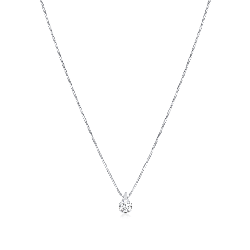 Silver necklace with a small round pendant on a white background