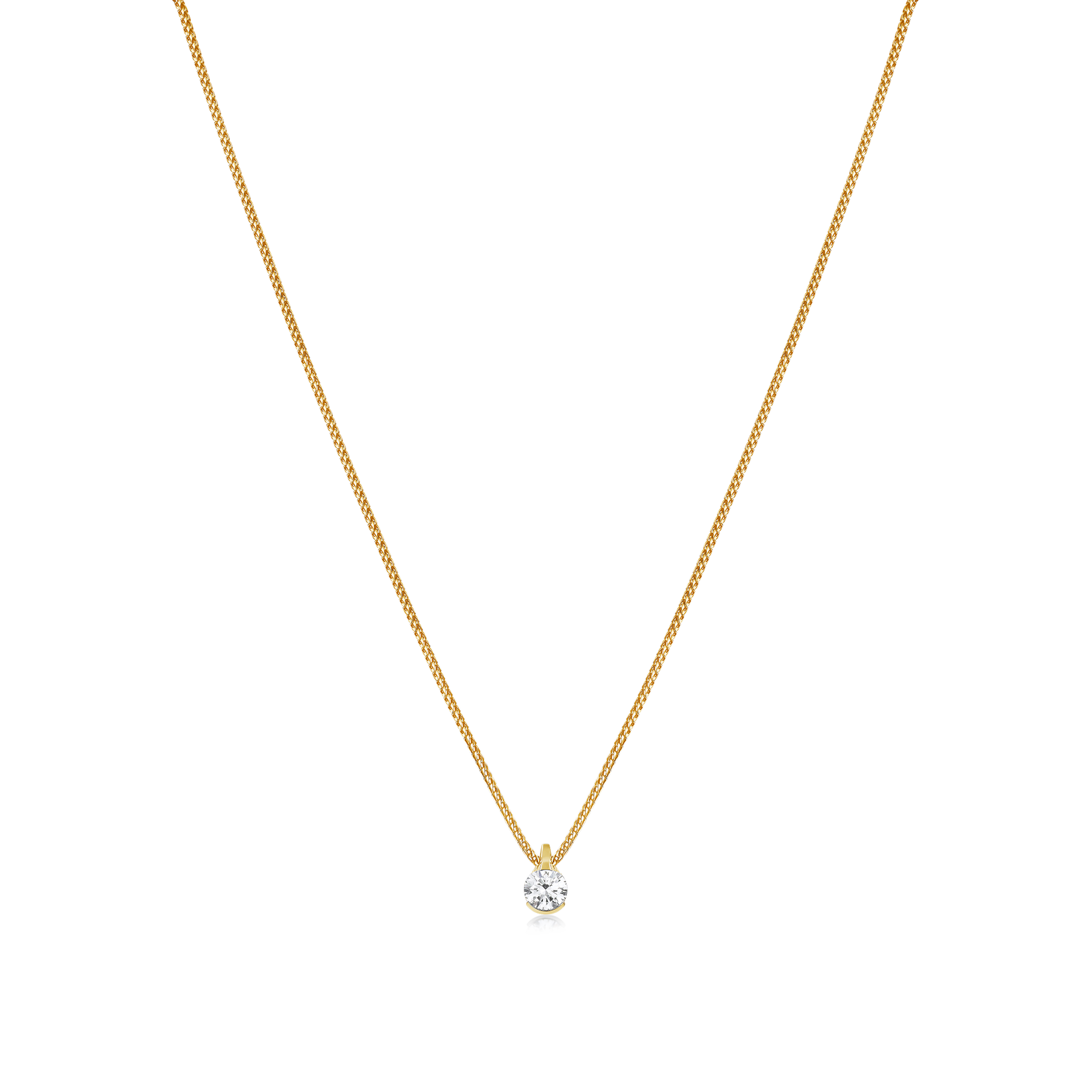 Gold necklace with a small diamond pendant on a white background