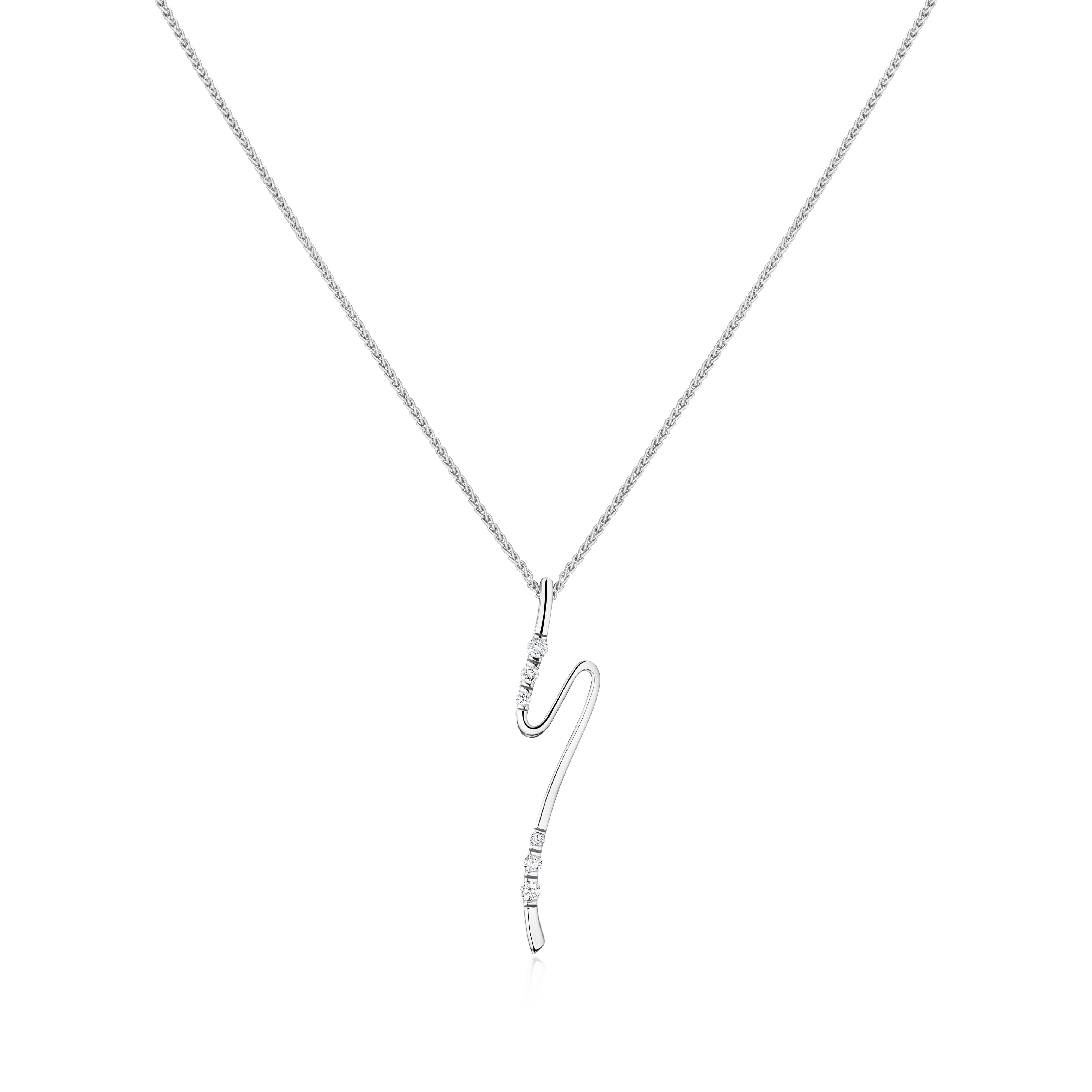 Silver necklace with a wave-shaped pendant on a white background