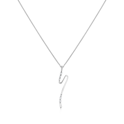 Silver necklace with a wave-shaped pendant on a white background