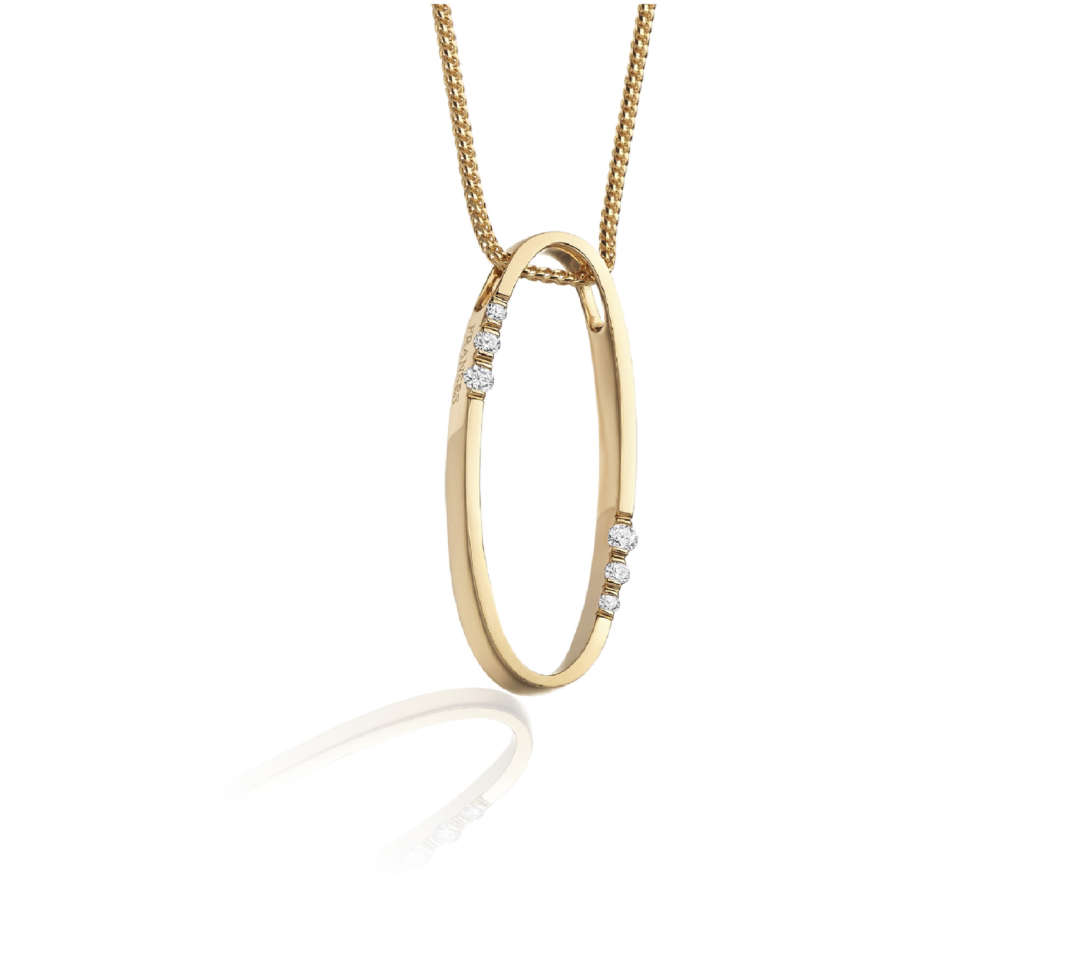Gold necklace with a circular pendant on a white background
