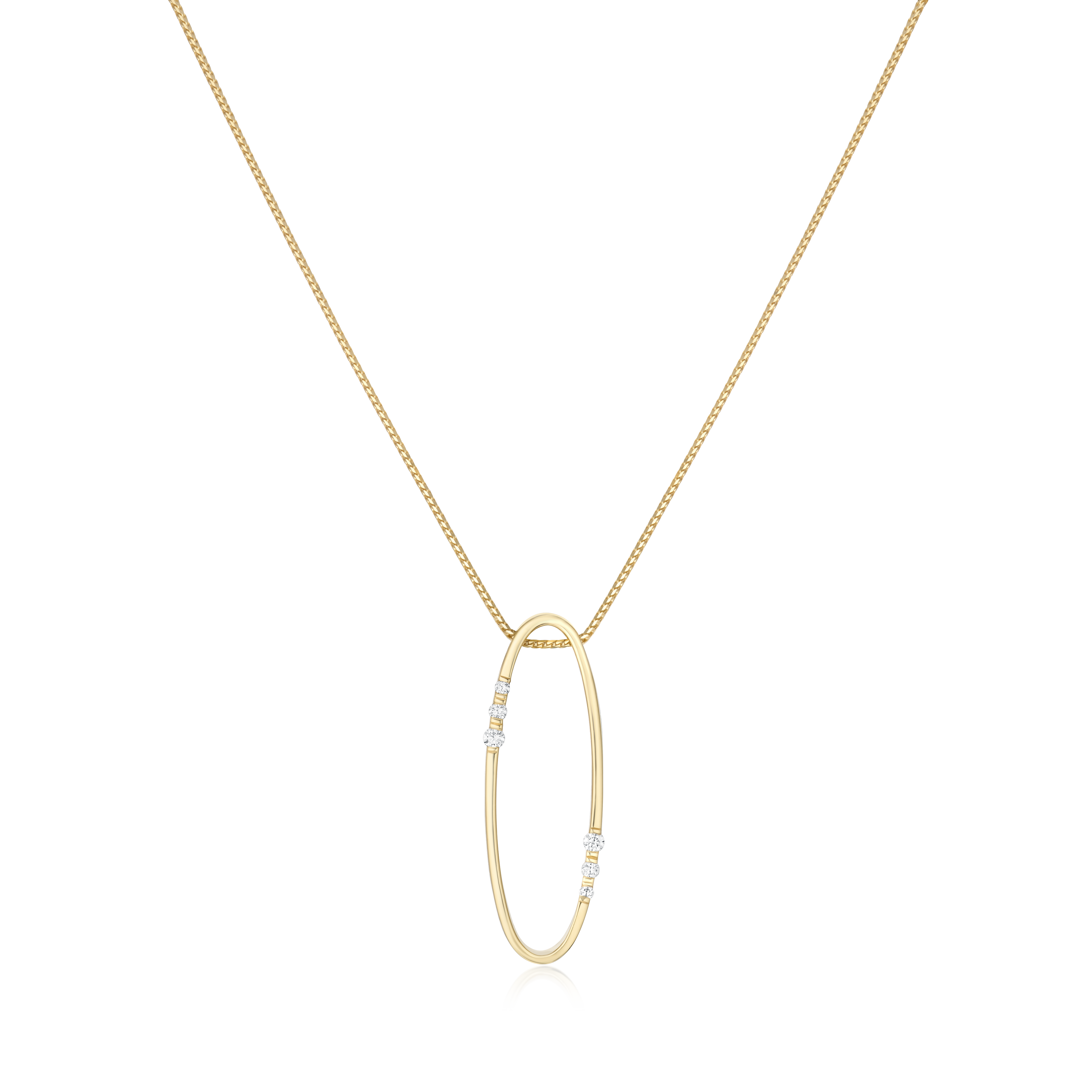 Gold necklace with an oval pendant on a white background