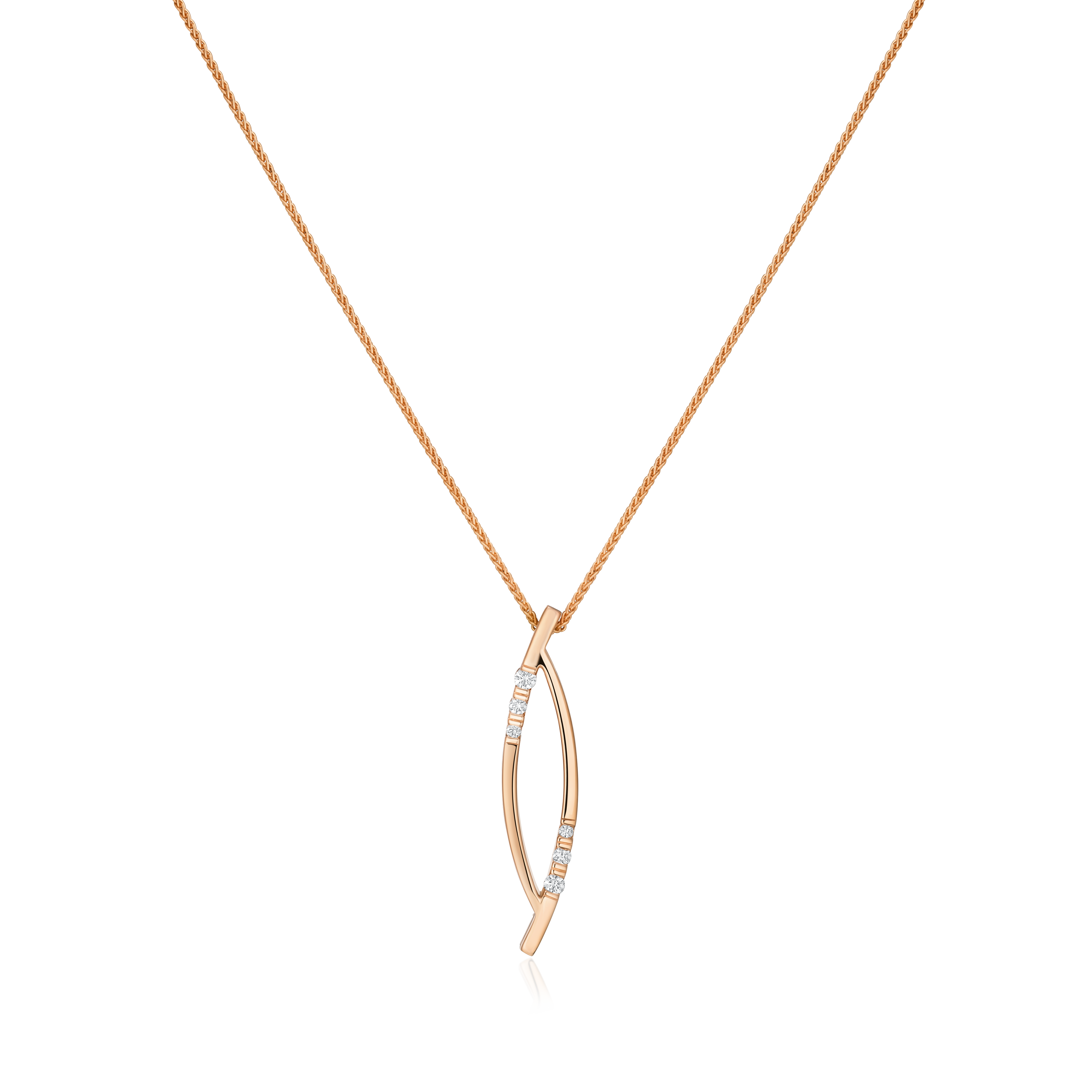 Rose gold necklace with a curved pendant on a white background