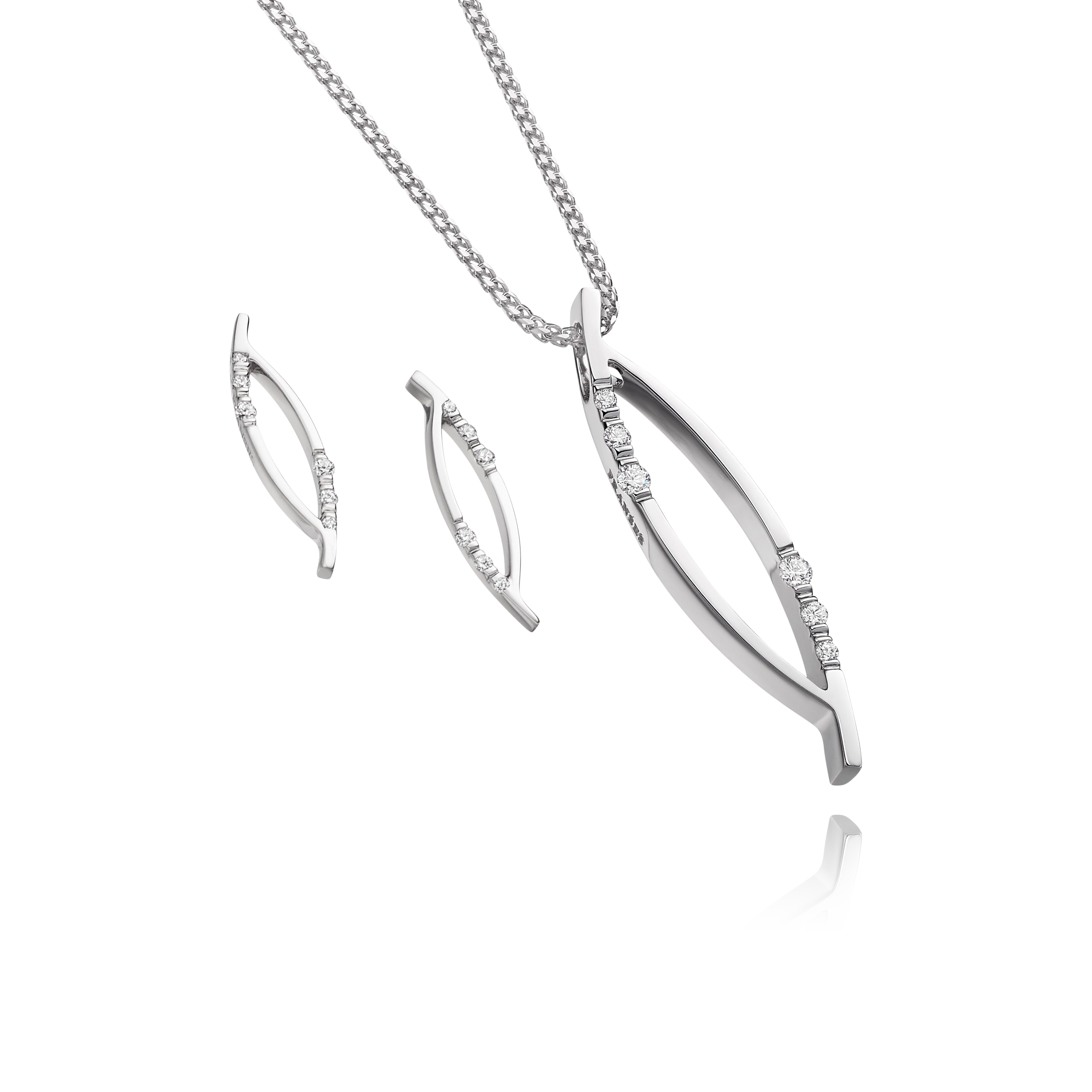 Silver necklace and earrings set on a transparent background