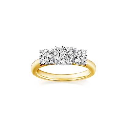 Gold ring with three diamonds on a white background
