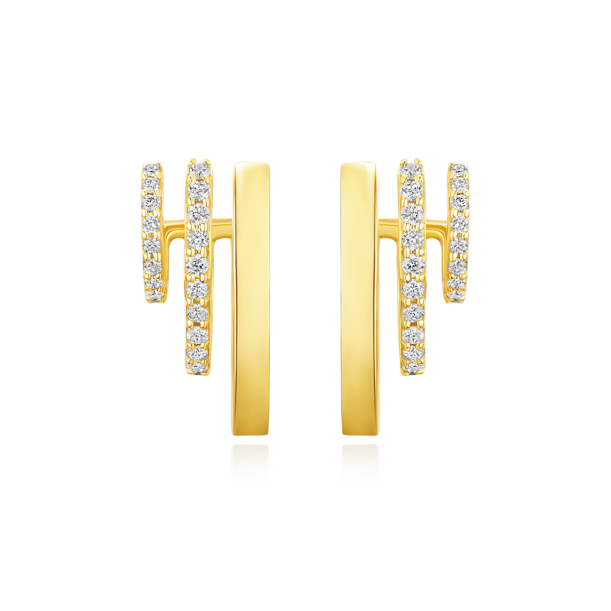 Gold earrings with diamond accents on a white background