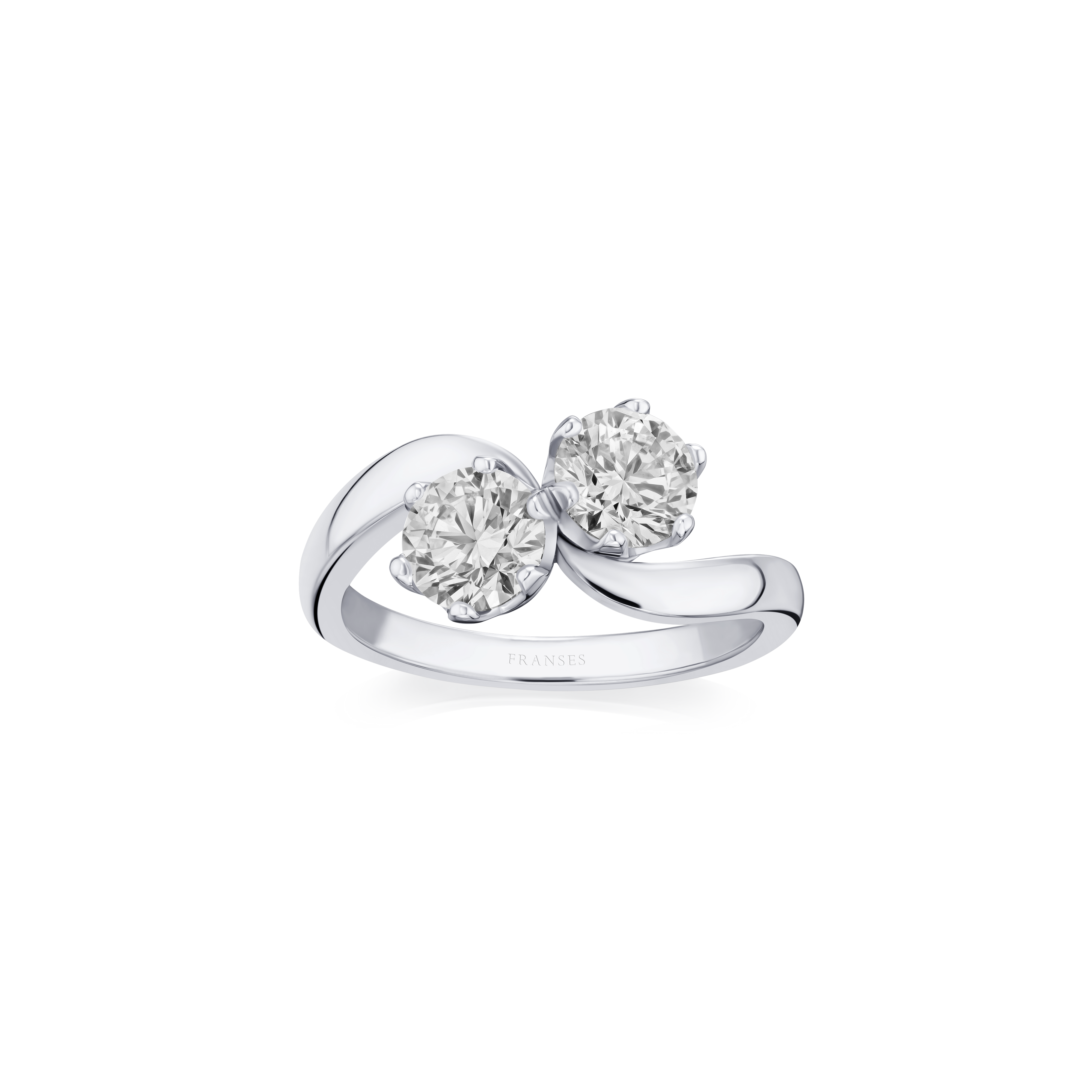 Diamond ring with two round diamonds on a white background