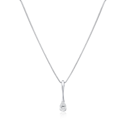 Silver necklace with a teardrop-shaped diamond pendant on a white background