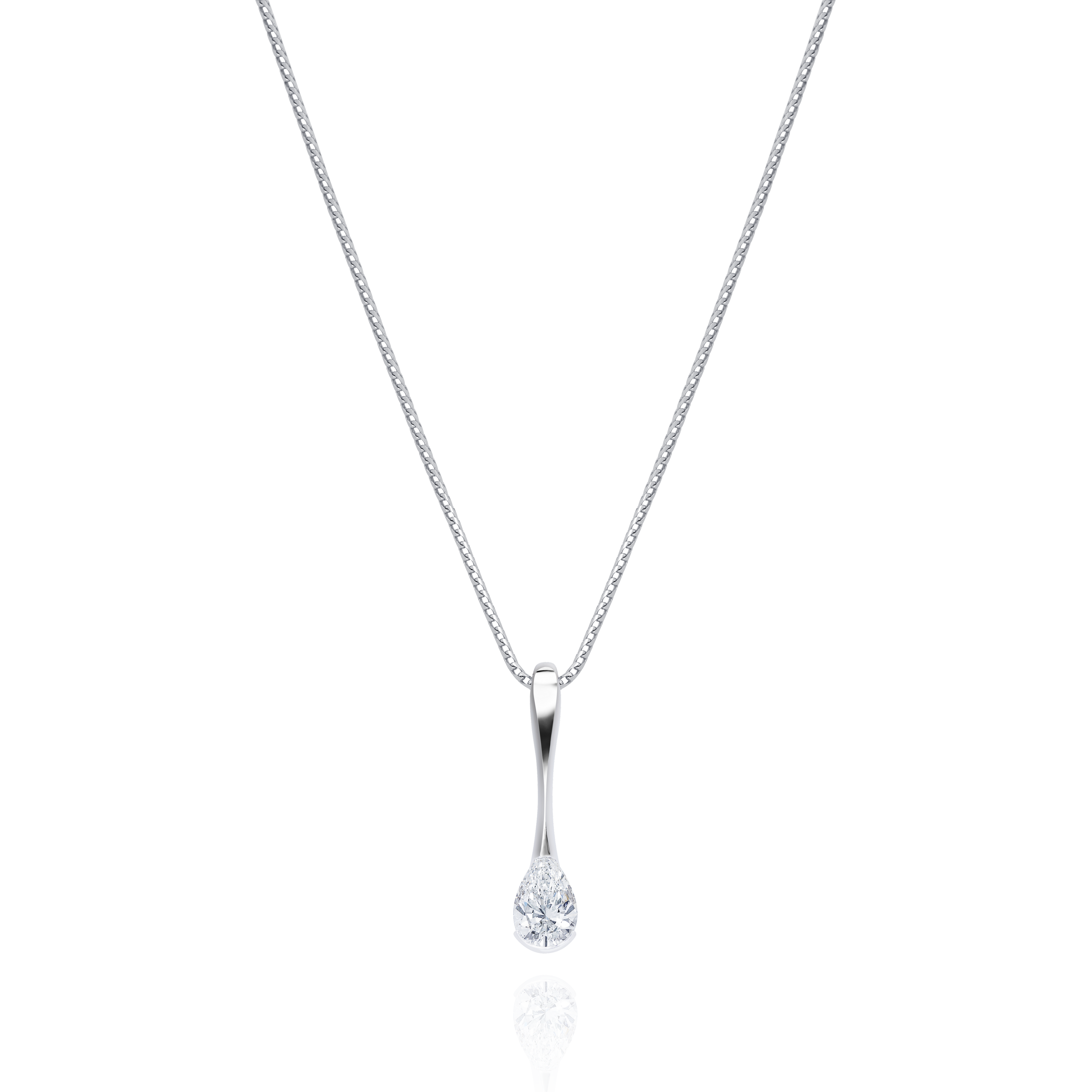 Silver necklace with a teardrop-shaped pendant on a white background
