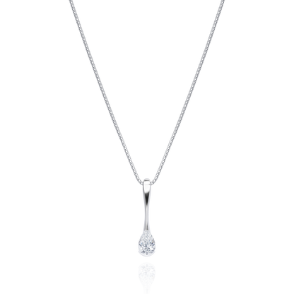 Silver necklace with a teardrop-shaped pendant on a white background