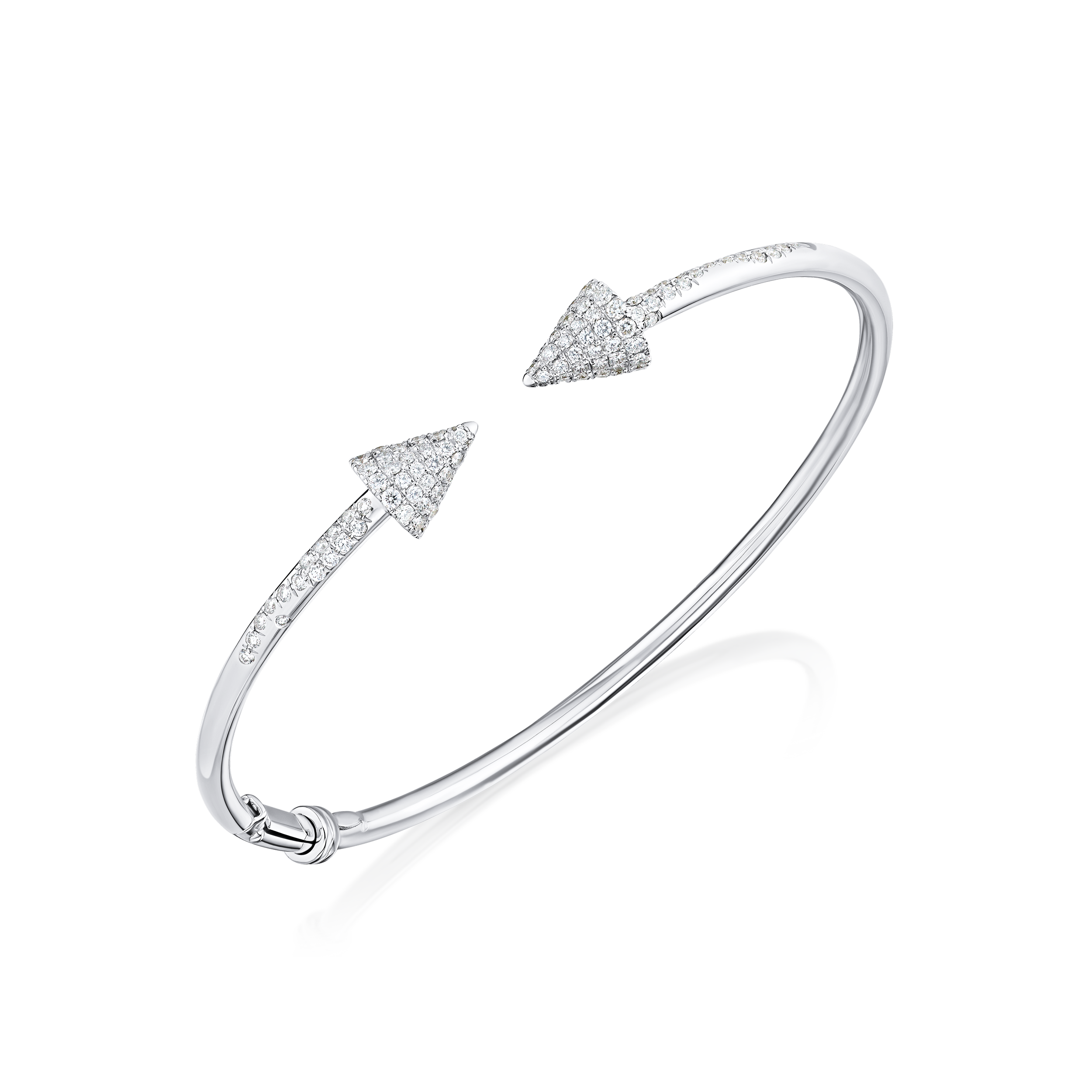 Silver bracelet with arrow-shaped ends on a white background