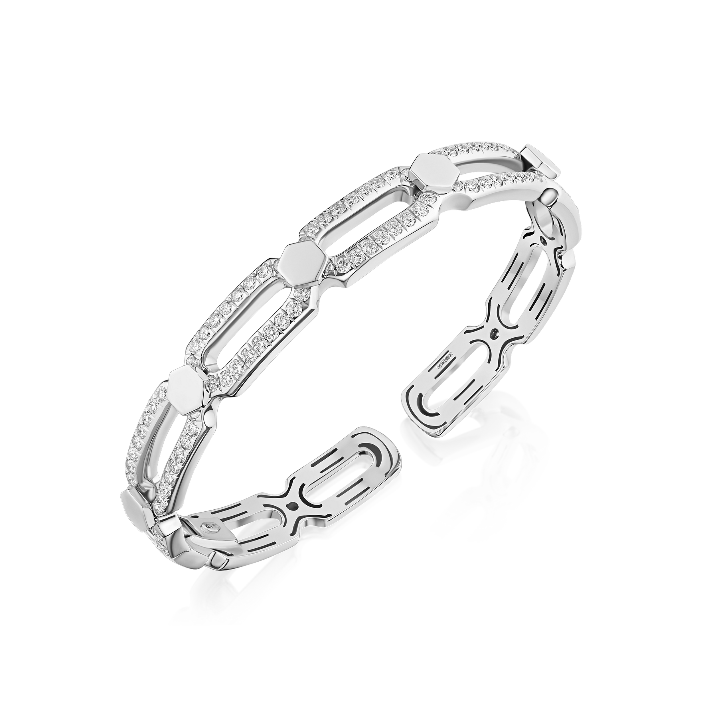 Silver bracelet with diamond accents on a white background