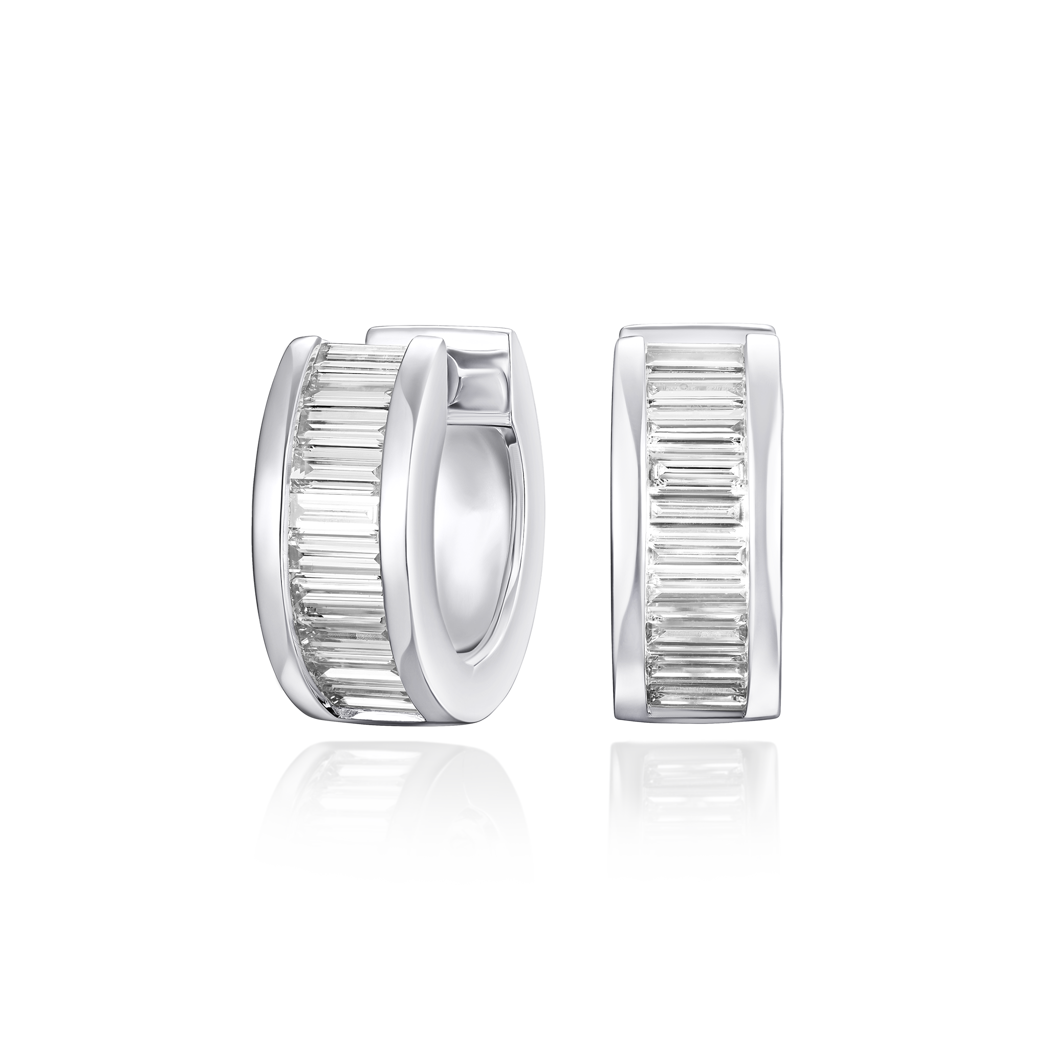 Pair of silver hoop earrings with clear gemstones on a white background