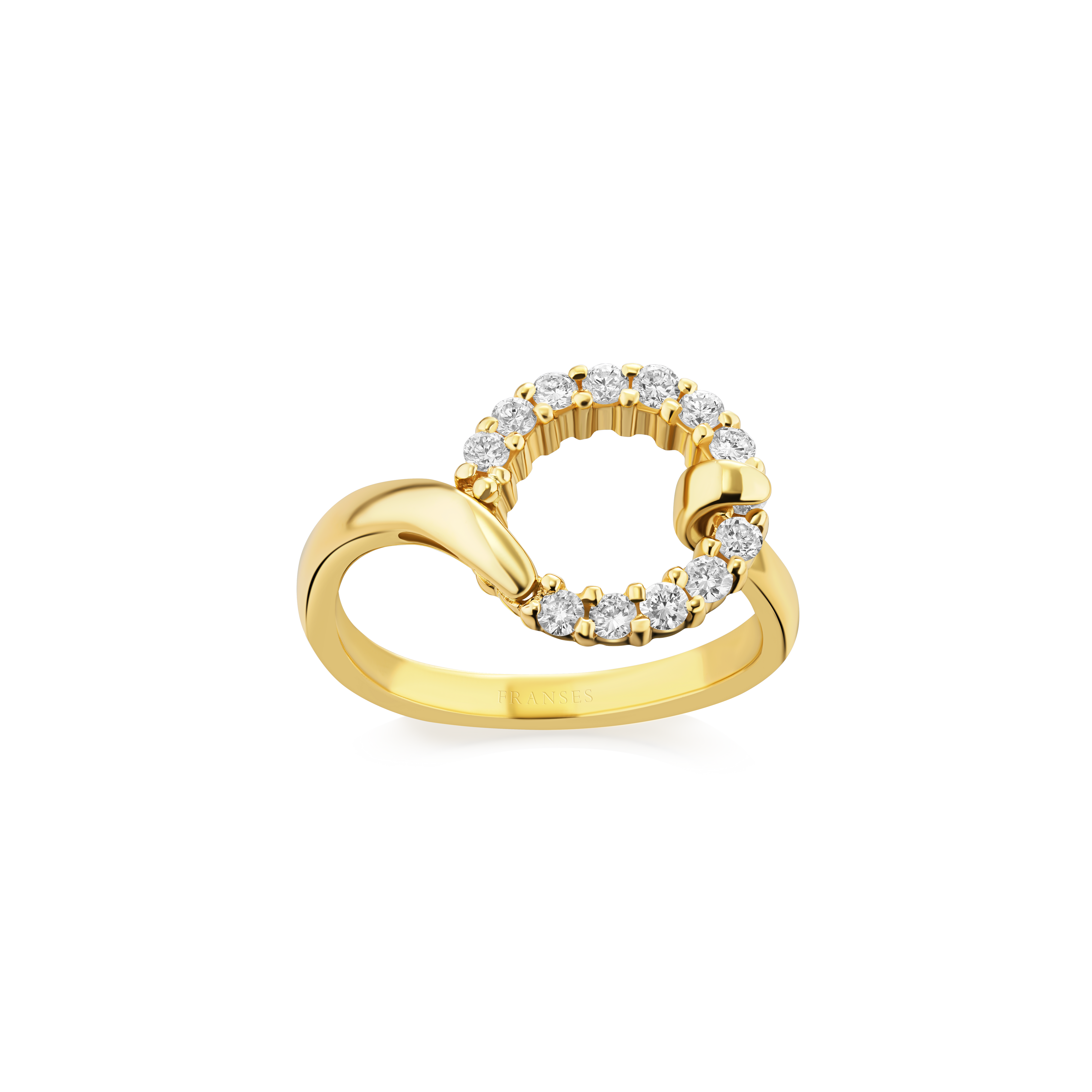 Gold ring with diamond accents on a white background