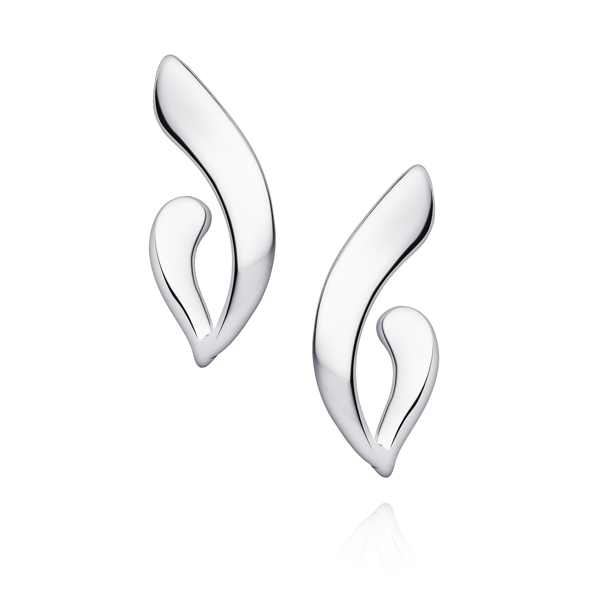 Pair of silver leaf-shaped earrings on a white background