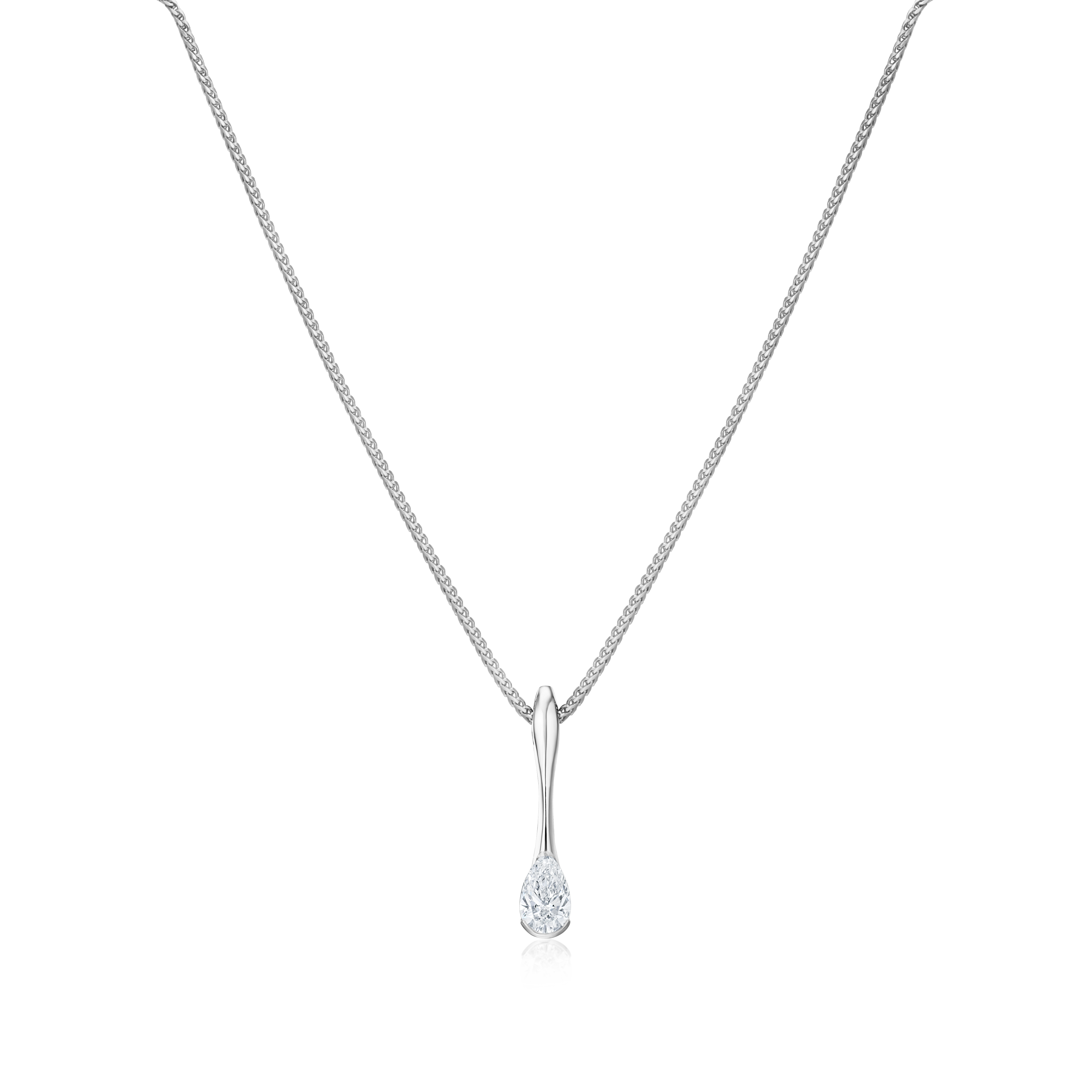 Silver necklace with a teardrop-shaped pendant on a white background
